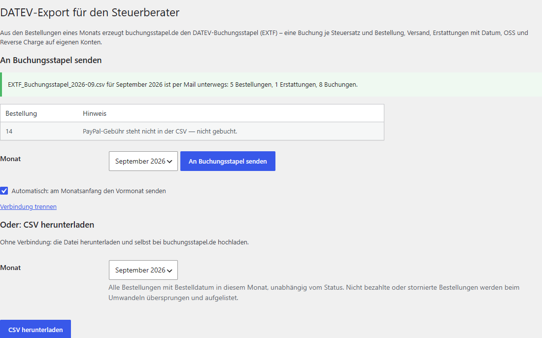 Die Seite WooCommerce → DATEV-Export im WordPress-Admin nach dem Senden: September 2026 mit 5 Bestellungen, 1 Erstattung und 8 Buchungen per Mail unterwegs, ein Hinweis zur PayPal-Gebühr, automatischer Versand eingeschaltet